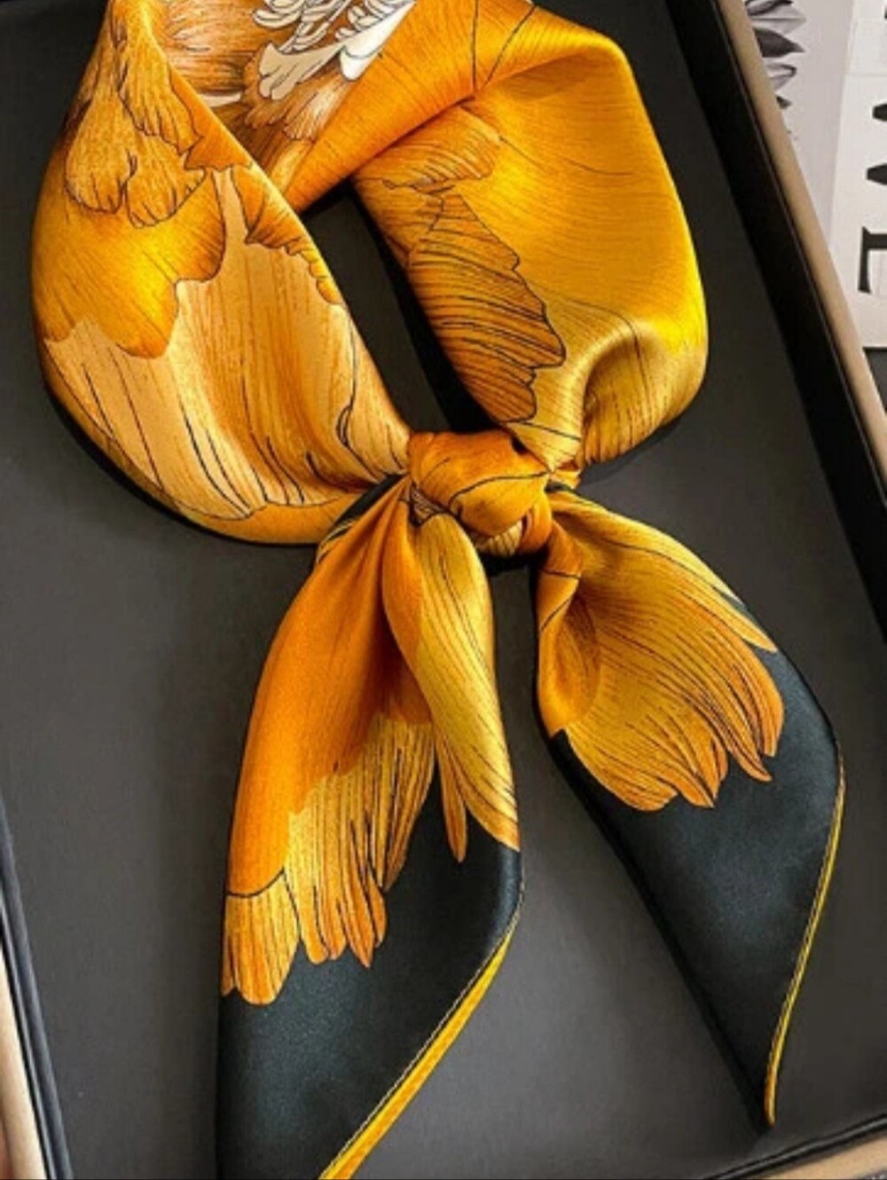 Silk-Feel Yellow Floral Scarf - Women Accessories - Picture 3 of 5